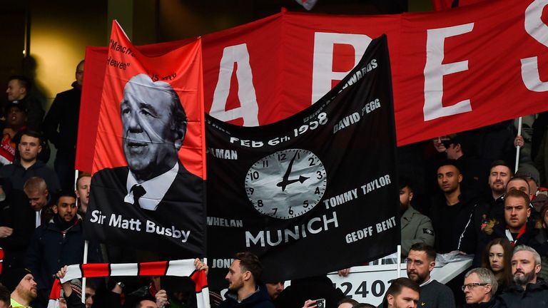 Banners at Old Trafford during a ceremony to mark the 60th anniversary of the Munich Air Disaster
