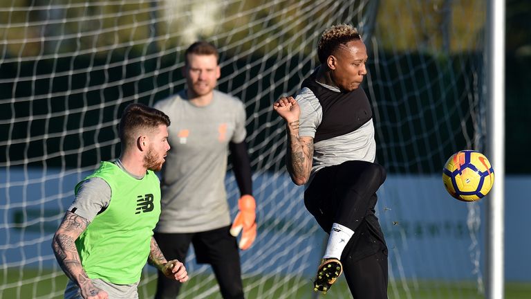 Nathaniel Clyne and Alberto Moreno during a Liverpool training session at the Marbella Football Center on February 15, 2018
