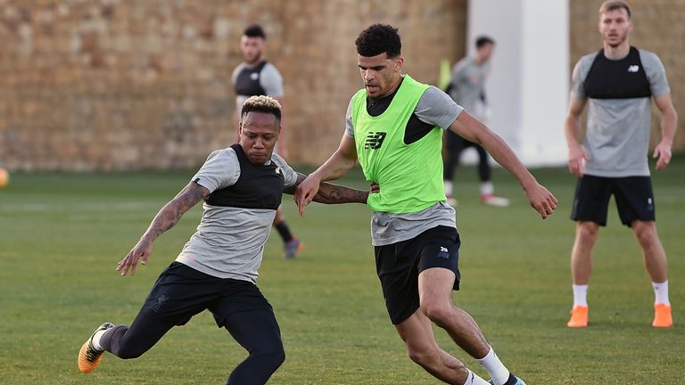 Nathaniel Clyne and Dominic Solanke during a Liverpool training session at the Marbella Football Center on February 15, 2018