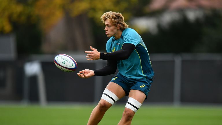 LONDON, ENGLAND - NOVEMBER 14:  Ned Hanigan of Australia releases a pass during a training session at the Lensbury Hotel on November 14, 2017 in London, En