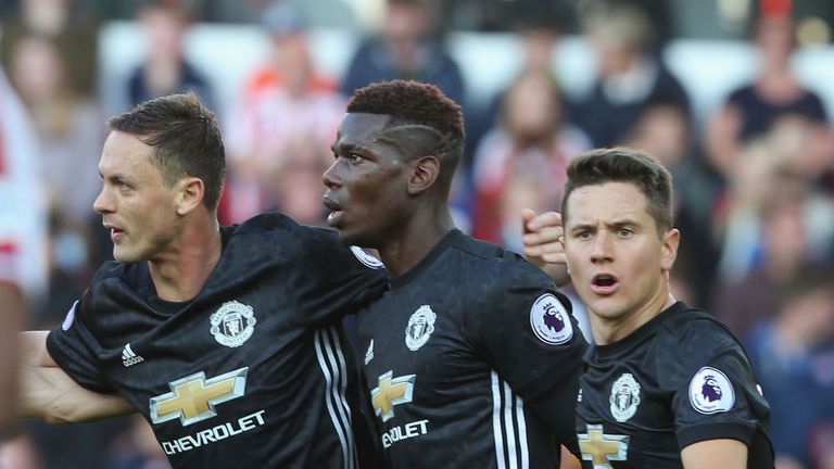 Nemanja Matic, Paul Pogba and Ander Herrera during the Premier League match between Stoke City and Manchester United
