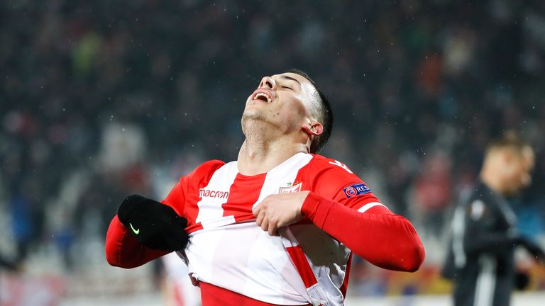 Nemanja Radonjic of Red Star Belgrade reacts after being thwarted during the last-32 first-leg game against CSKA