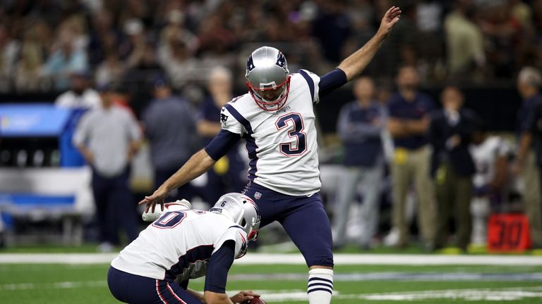 NEW ORLEANS, LA - SEPTEMBER 17:  Stephen Gostkowski #3 of the New England Patriots kicks a field goal against the New Orleans Saints at the Mercedes-Benz S