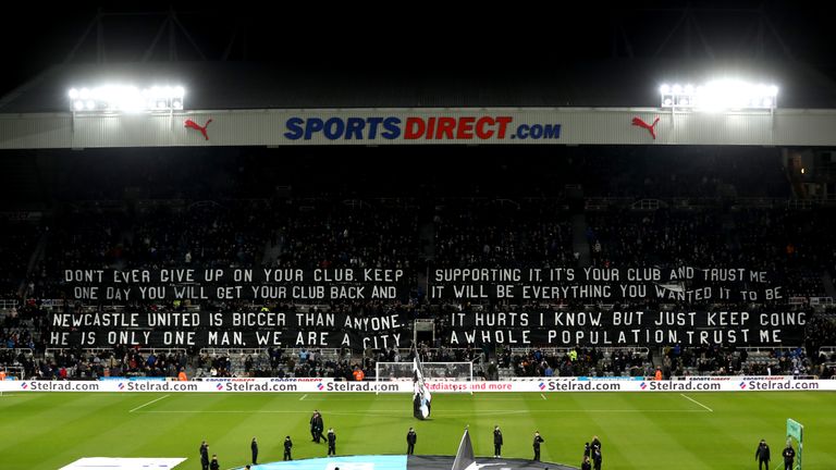 NEWCASTLE UPON TYNE, ENGLAND - JANUARY 31:  General view inside the stadium as fans display a banner prior to the Premier League match between Newcastle Un