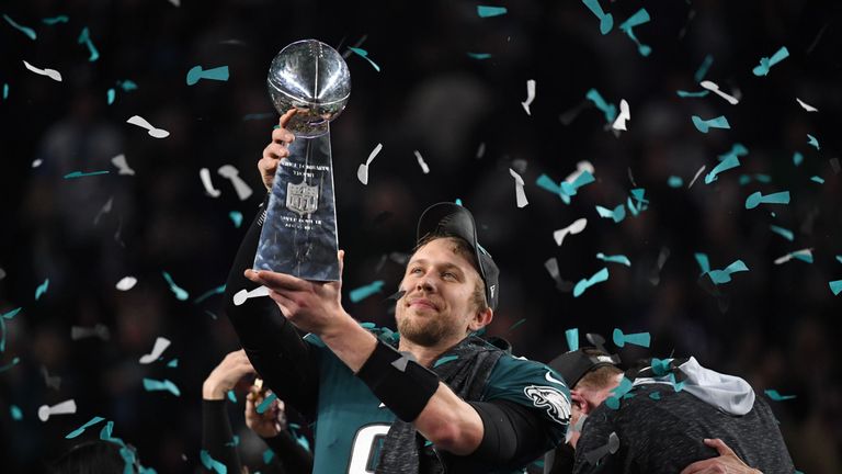 Quarterback Nick Foles of the Philadelphia Eagles celebrates following victory over the New England Patriots in  Super Bowl LII at US Bank Stadium in Minne