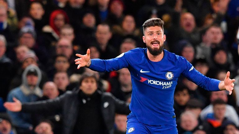 Chelsea's French attacker Olivier Giroud (R) appeals to the referee during the English Premier League football match between Chelsea and West Bromwich Albi