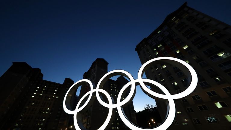 A general view of the Olympic rings at the Athletes' Village during previews ahead of the PyeongChang 2018 Winter Games