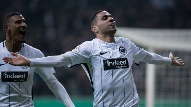 FRANKFURT AM MAIN, GERMANY - FEBRUARY 07: Omar Mascarell of Frankfurt celebrates his team's third goal goal during the DFB Cup quarter final match between 