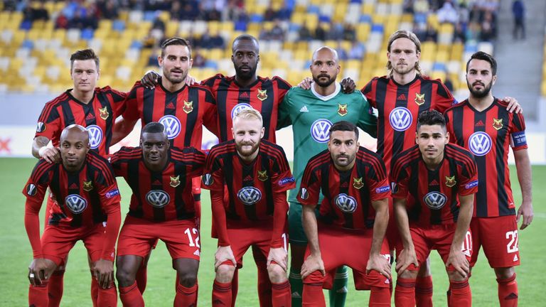 Ostersund's players pose for a photo before the  UEFA Europa League Group J football match between Zorya Lugansk and Ostersunds FK in Lviv on September 14,