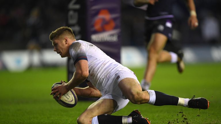 EDINBURGH, SCOTLAND - FEBRUARY 24:  Owen Farrell of England dives over the line to score a second half try during the NatWest Six Nations match between Sco