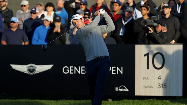 PACIFIC PALISADES, CA - FEBRUARY 16:  Patrick Cantlay plays his shot from the 10th tee during the second round of the Genesis Open at Riviera Country Club 