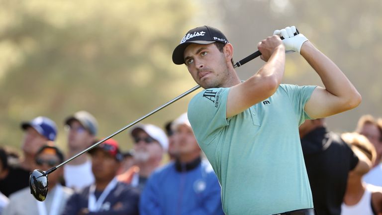 PACIFIC PALISADES, CA - FEBRUARY 18:  Patrick Cantlay plays his shot from the 11th tee during the final round of the Genesis Open at Riviera Country Club o