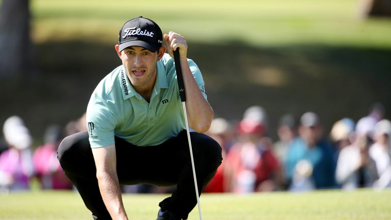 PACIFIC PALISADES, CA - FEBRUARY 18:  Patrick Cantlay lines up a putt on the ninth green during the final round of the Genesis Open at Riviera Country Club