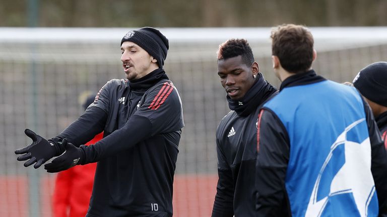 Manchester United's Zlatan Ibrahimovic (left) and Paul Pogba during the training session at the AON Training Complex, Carrington.