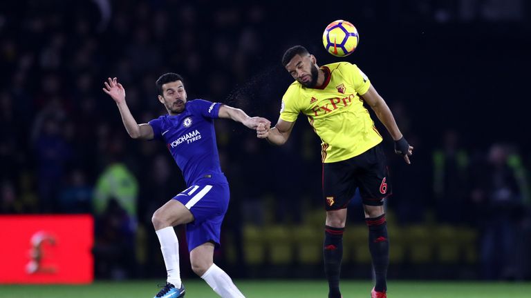 Pedro of Chelsea and Adrian Mariappa of Watford in action 