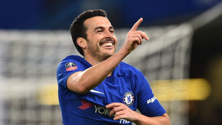 Chelsea's Spanish midfielder Pedro celebrates scoring the team's second goal during the English FA Cup fifth round football match between Chelsea and Hull 