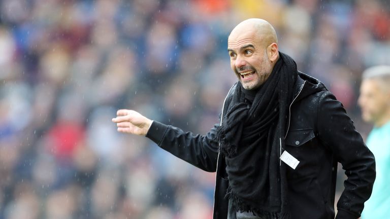 Pep Guardiola gestures on the touchline during the Premier League match at Turf Moor