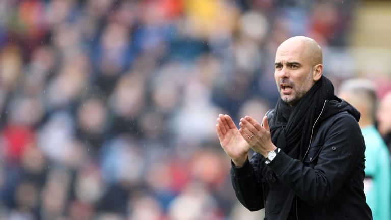 Pep Guardiola gestures on the touchline during the Premier League match at Turf Moor