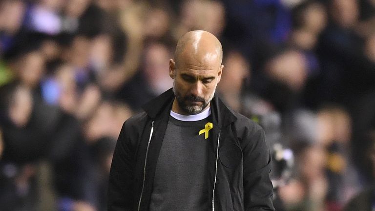 WIGAN, ENGLAND - FEBRUARY 19:  Josep Guardiola, Manager of Manchester City looks dejected during the Emirates FA Cup Fifth Round match between Wigan Athlet