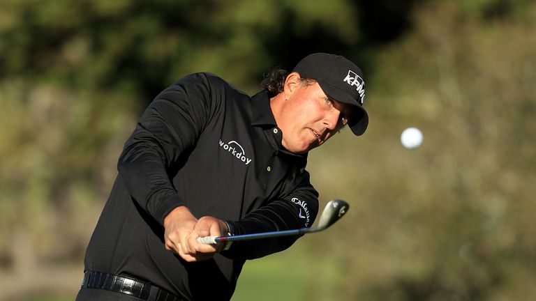 PEBBLE BEACH, CA - FEBRUARY 11:  Phil Mickelson plays his shot on the second hole during the Final Round of the AT&T Pebble Beach Pro-Am at Pebble Beach Go