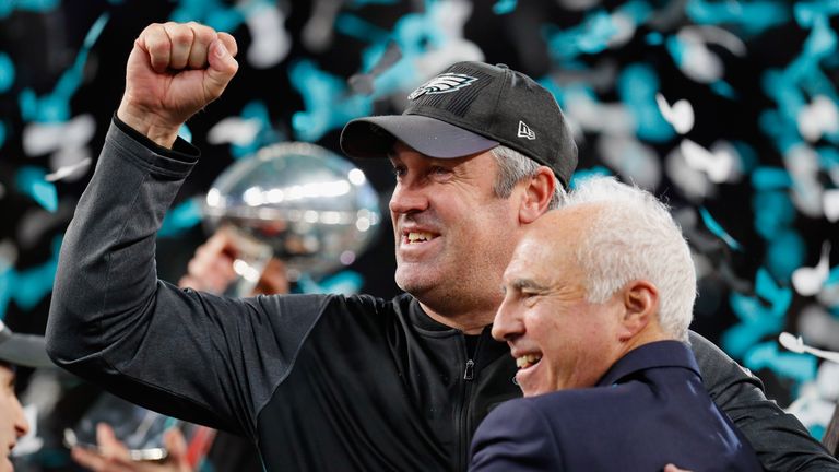 MINNEAPOLIS, MN - FEBRUARY 04:  Head coach Doug Pederson (L) and owner Jeffrey Lurie of the Philadelphia Eagles celebrate defeating the New England Patriot