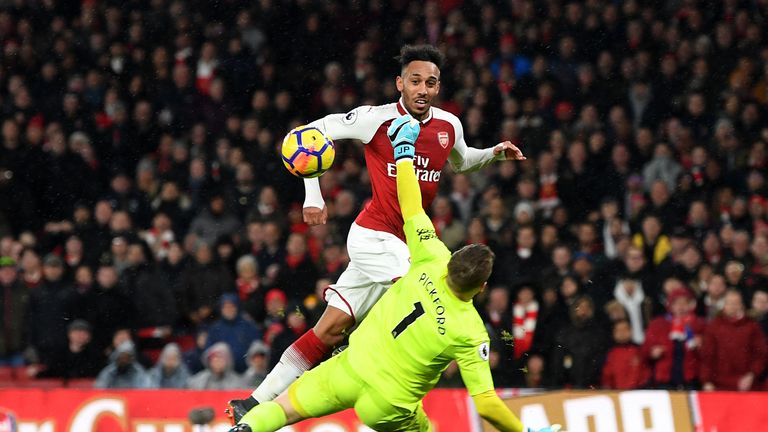 Pierre-Emerick Aubameyang of Arsenal scores his sides fourth goal during the Premier League match between Arsenal and Everton