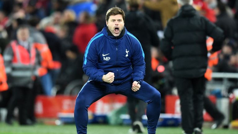 LIVERPOOL, ENGLAND - FEBRUARY 04:  Mauricio Pochettino, Manager of Tottenham Hotspur celebrates his sides second goal during the Premier League match betwe