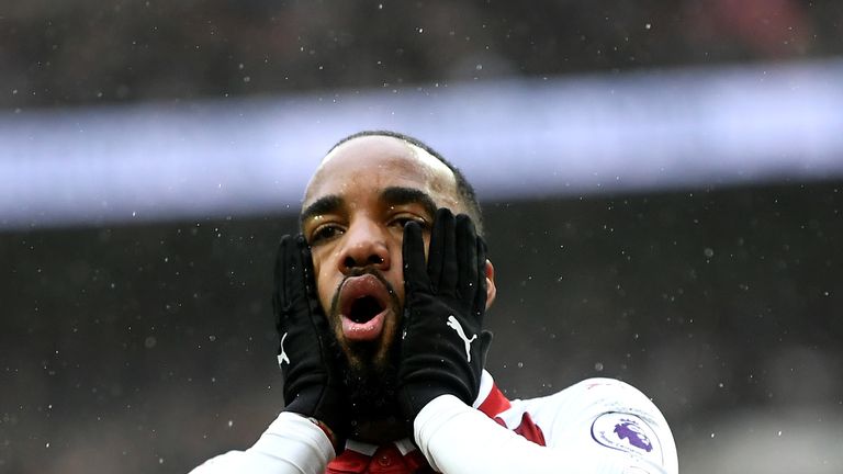 Alexandre Lacazette reacts following a missed chance during the Premier League match between Tottenham Hotspur and Arsenal