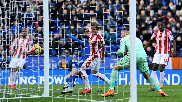 Jack Butland scores an own goal to bring Leicester City level at home to Stoke City