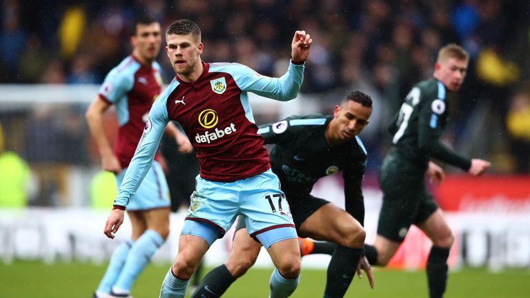 Johann Berg Gudmundsson in action during the Premier League match between Burnley and Manchester City at Turf Moor