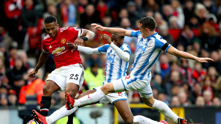 Antonio Valencia is put under pressure by the Huddersfield defence