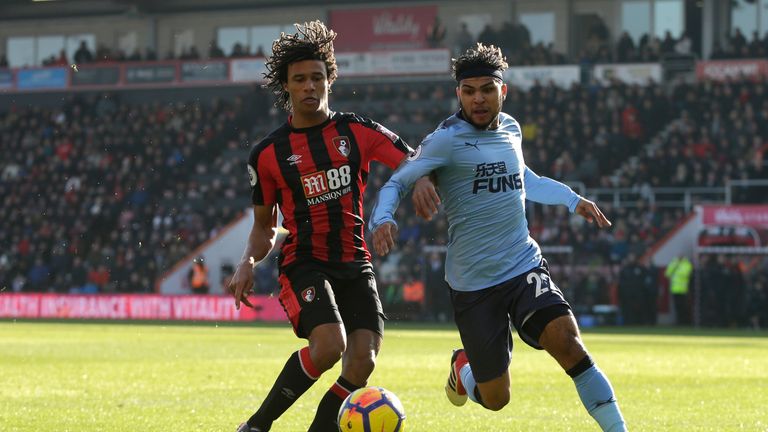 BOURNEMOUTH, ENGLAND - FEBRUARY 24:  Nathan Ake of AFC Bournemouth chases down Deandre Yedlin of Newcastle United during the Premier League match between A