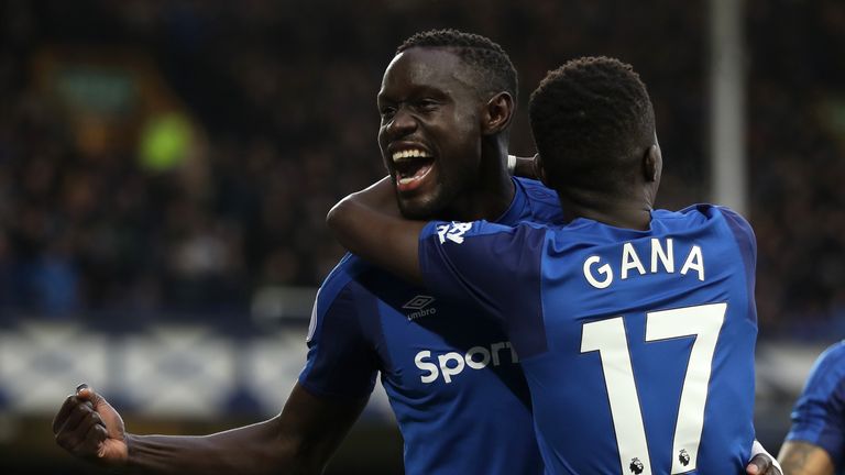 Oumar Niasse celebrates scoring Everton's second goal with Idrissa Gueye