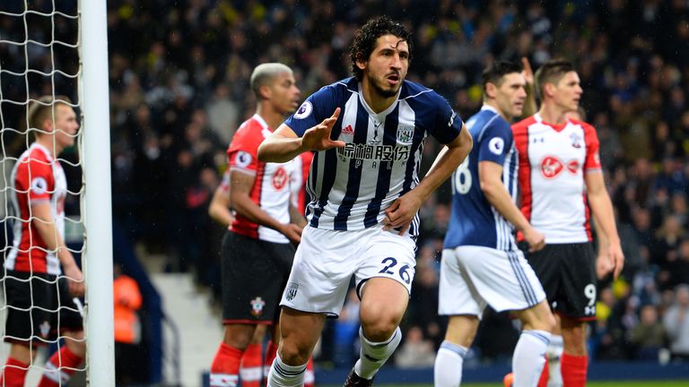 Ahmed El-Sayed Hegazi celebrates after giving West Brom a 1-0 lead