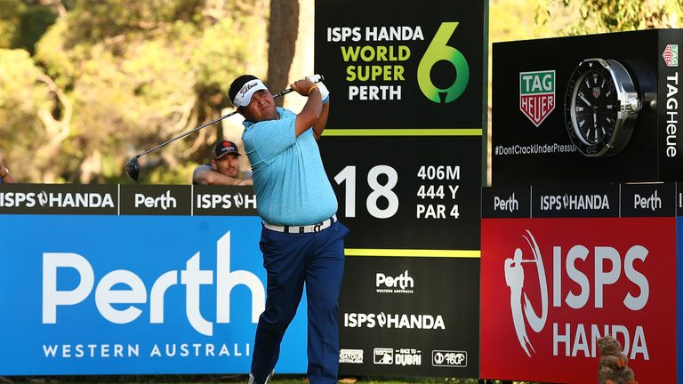 PERTH, AUSTRALIA - FEBRUARY 09:  Prom Meesawat of Thailand watches his tee shot on the 18th hole during day two of the World Super 6 at Lake Karrinyup Coun