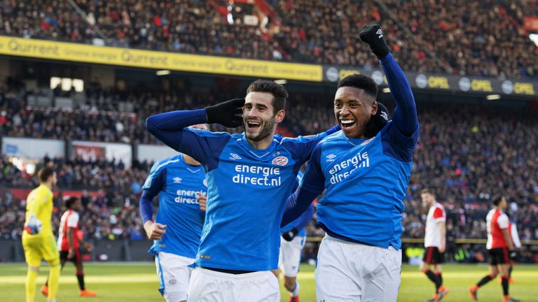 PSV's Gaston Pereiro celebrates his goal during the 3-1 against Feyenoord 