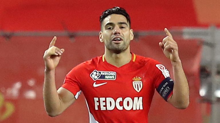 Monaco's Colombian forward Radamel Falcao celebrates after scoring goal during the French League Cup semi-final football match between Monaco and Montpelli