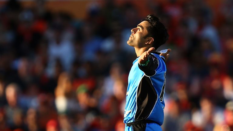 PERTH, AUSTRALIA - JANUARY 25: Rashid Khan of the Strikers celebrates the wicket of Hilton Cartwright of the Scorchers during the Big Bash League match bet