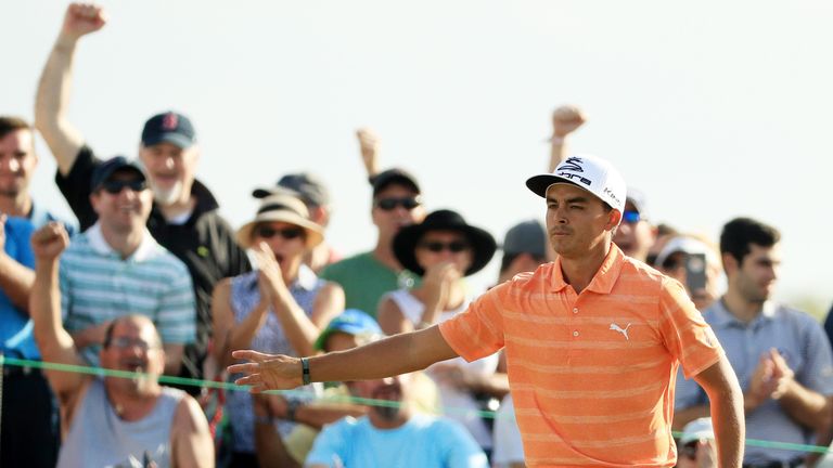 PALM BEACH GARDENS, FL - FEBRUARY 26:  Rickie Fowler of the United States reacts to his birdie on the 12th green during the final round of The Honda Classi