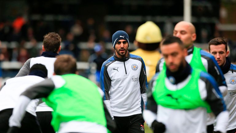 Riyad Mahrez warms up for the FA Cup fourth round match between Peterborough United and Leicester City at London Road stadium on January 27, 2018