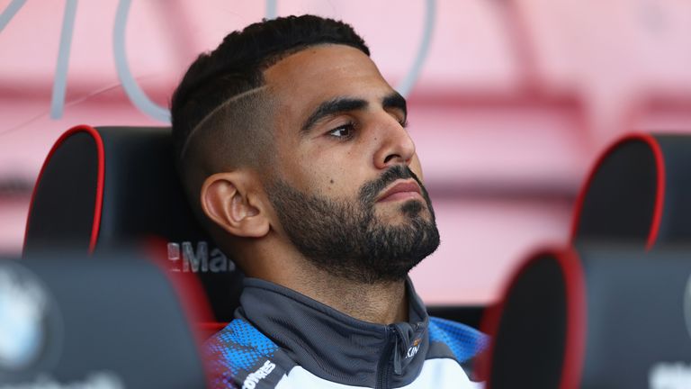 Riyad Mahrez looks on from the substitutes bench during the Premier League match between Bournemouth and Leicester City on 30 September, 2017