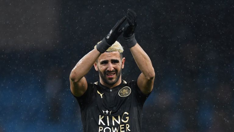 MANCHESTER, ENGLAND - FEBRUARY 10: Riyad Mahrez of Leicester City shows appreciation to the fans after the Premier League match between Manchester City and