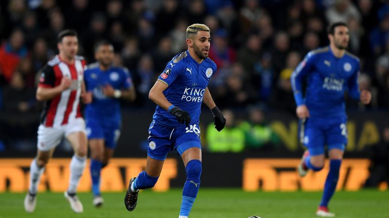 LEICESTER, ENGLAND - FEBRUARY 16:  Riyad Mahrez of Leicester in action during The Emirates FA Cup Fifth Round match between Leicester City and Sheffield Un