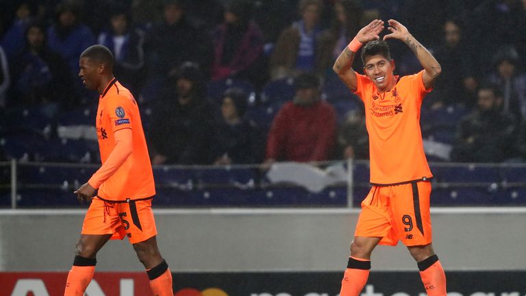 Roberto Firmino celebrates after scoring Liverpool's fourth goal