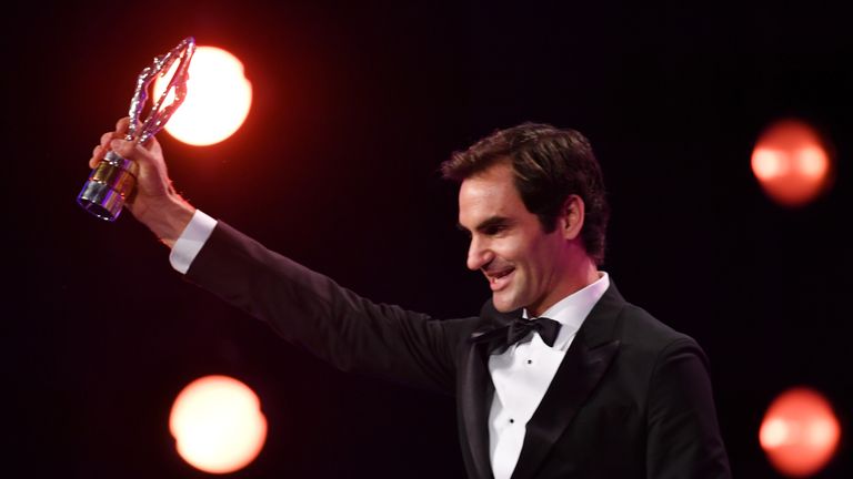 MONACO - FEBRUARY 27: Tennis player Roger Federer accepts the Laureus World Comeback of the Year during the 2018 Laureus World Sports Awards show at Salle 