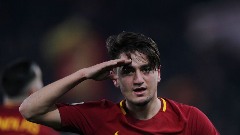ROME, ITALY - FEBRUARY 11:  Cengiz Under of AS Roma celebrates after scoring the team's third goal during the serie A match between AS Roma and Benevento C