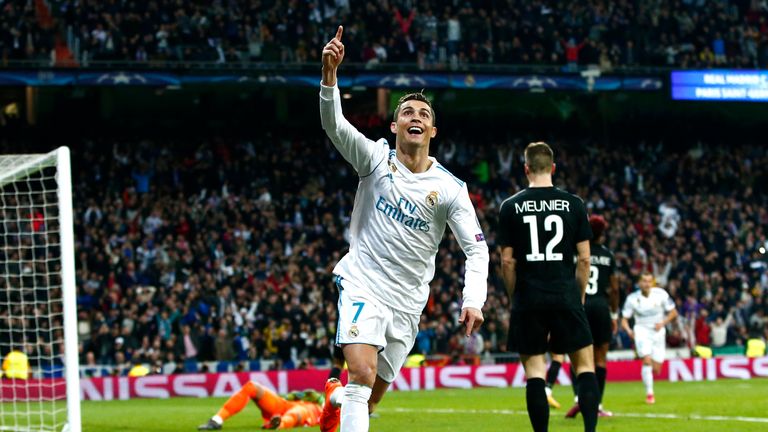 MADRID, SPAIN - FEBRUARY 14:  Cristiano Ronaldo of Real Madrid celebrates scoring the 2nd Real Madrid goal during the UEFA Champions League Round of 16 Fir