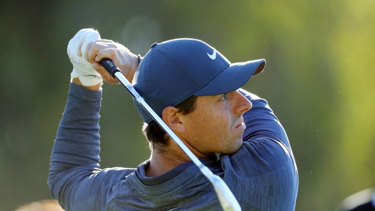 PACIFIC PALISADES, CA - FEBRUARY 15:  Rory McIlroy of Northern Ireland plays his shot from the 14th tee during the first round of the Genesis Open at Rivie