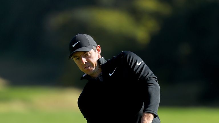 PACIFIC PALISADES, CA - FEBRUARY 18:  Rory McIlroy of Northern Ireland plays his shot on the 13th hole during the final round of the Genesis Open at Rivier