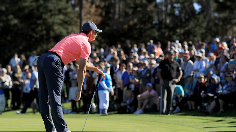 PEBBLE BEACH, CA - FEBRUARY 08:  Rory McIlroy of Northern Ireland reacts on the sixth green during Round One of the AT&T Pebble Beach Pro-Am at Spyglass Hi